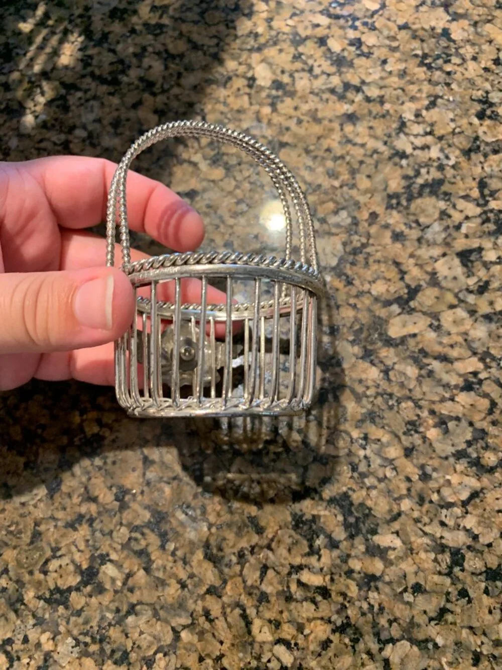 Vintage Department 56 Silver Plated Miniature Wire Basket Angel Cherub Trinket